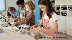  Presentation with school details - PPT layouts featuring row-of-four-intercultural-learners background and a coral colored foreground