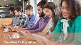  Presentation with tablets - Amazing PPT theme having row-of-friends-using-digital backdrop and a coral colored foreground