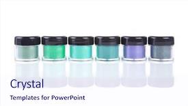  Presentation with mineral - Theme with row of green mineral eye shadows in clear plastic jars isolated on white background background and a sky blue colored foreground