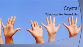  Presentation with human hands open palm up - Slide deck having row of hands with open background and a light blue colored foreground