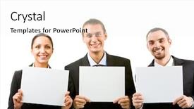  Presentation with partners - PPT layouts featuring row of happy business partners holding blank papers and looking at camera background and a white colored foreground