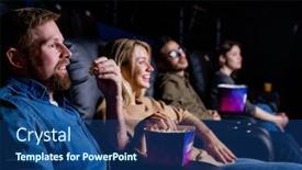  Presentation with popcorn movie - Cool new PPT theme with row-of-happy-young-friends backdrop and a ocean colored foreground