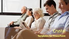  Presentation with waiting - Beautiful presentation theme featuring row of multiethnic people waiting backdrop and a tawny brown colored foreground