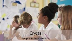  Presentation with children in wheelchairs in school setting - Amazing PPT theme having row of primary school children backdrop and a coral colored foreground