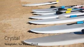  Presentation with stand - Audience pleasing theme consisting of row-of-stand-up-paddle backdrop and a coral colored foreground