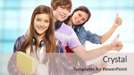  Presentation with teens - Audience pleasing presentation theme consisting of row of teens with headphones showing thumbs up and smiling at camera backdrop and a soft green colored foreground