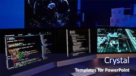  Presentation with three - PPT layouts with row-of-three-computer-monitors background and a navy blue colored foreground