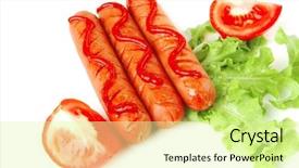  Presentation with ketchup - Colorful PPT layouts enhanced with row of three sausages served with ketchup backdrop and a blonde colored foreground