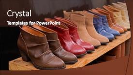  Presentation with women boutique - Cool new slide deck with row of women's boots on the shelves on wooden display in women shoes boutique store backdrop and a tawny brown colored foreground