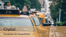  Presentation with taxi - Audience pleasing PPT theme consisting of row of yellow cabs backdrop and a yellow colored foreground