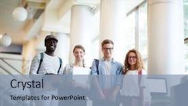  Presentation with intercultural - Slide deck with row of young intercultural college background and a light blue colored foreground