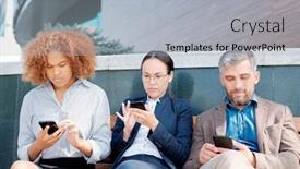  Presentation with scrolling - Slides consisting of row of young mobile employees sitting on bench along wall and scrolling in their smartphones after work background and a light gray colored foreground