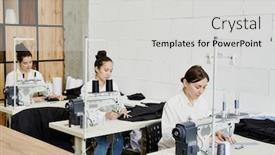  Presentation with machines - Cool new PPT theme with row-of-young-seamstresses-sitting backdrop and a light gray colored foreground
