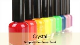  Presentation with bright colorful candy isolated - Cool new slide deck with row vials - colorful nail polishes isolated backdrop and a blonde colored foreground