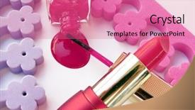  Presentation with nail - Amazing PPT layouts having row vials - lipstick and spilled nail polish-make backdrop and a coral colored foreground