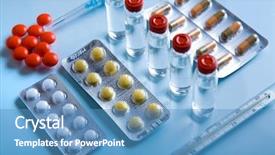  Presentation with vials science syringe vaccination - PPT theme featuring row vials - lot of medicines syringe background and a teal colored foreground