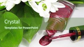  Presentation with acrylic nail application - Colorful theme enhanced with row vials - spilled nail polish backdrop and a forest green colored foreground