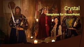  Presentation with knights - Beautiful slide deck featuring royal family - medieval queen with her courtier backdrop and a tawny brown colored foreground