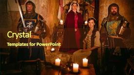  Presentation with knights - Audience pleasing slide set consisting of royal family - medieval queen with her knights backdrop and a tawny brown colored foreground