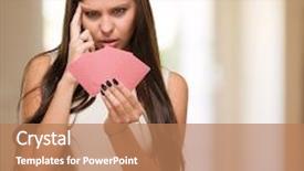  Presentation with playing cards - Beautiful PPT theme featuring royal flush - confused young woman holding playing backdrop and a coral colored foreground
