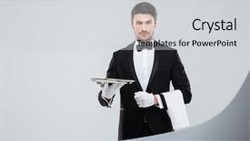  Presentation with butler - PPT layouts featuring royal hotel - attractive young butler in tuxedo background and a light gray colored foreground
