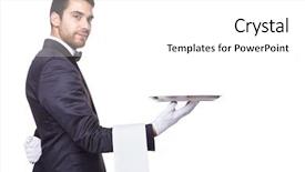  Presentation with waiter - Amazing slide deck having royal hotel - handsome waiter holding an empty backdrop and a white colored foreground