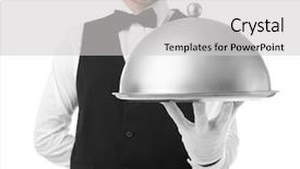  Presentation with waiter - Colorful PPT theme enhanced with royal hotel - handsome young waiter with cloche backdrop and a light gray colored foreground