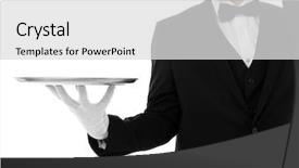  Presentation with waiter - Audience pleasing slide deck consisting of royal hotel - handsome young waiter with tray backdrop and a light gray colored foreground
