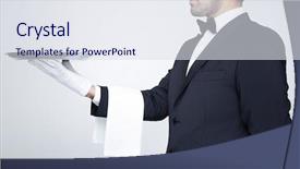  Presentation with waiter - Theme enhanced with royal hotel - professional waiter holding an empty background and a sky blue colored foreground