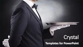  Presentation with waiter - PPT theme featuring royal hotel - waiter holding empty silver tray background and a dark gray colored foreground
