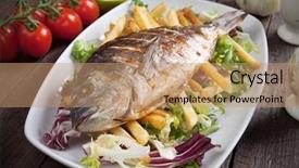  Presentation with french fries - Theme enhanced with royal marines - grilled gilt-head bream fish background and a coral colored foreground