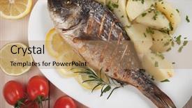  Presentation with fish grill there are fish - PPT layouts enhanced with royal marines - grilled sparus aurata or gilt-head background and a coral colored foreground
