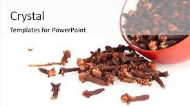  Presentation with frames isolated on white brown - Theme enhanced with royalty free images - spice cloves in a bowl background and a  colored foreground