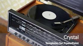  Presentation with record player - Slide set with ice green tea with smart phone on wood table background and a tawny brown colored foreground