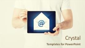  Presentation with hands holding black tablet - Slide deck having rsvp envelope - picture of man holding tablet background and a cream colored foreground