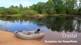  Presentation with boat river - Audience pleasing PPT theme consisting of rubber boat on coast river backdrop and a coral colored foreground