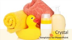  Presentation with rubber duck - Presentation having rubber duck with bath towel and bottles isolated on white background background and a yellow colored foreground