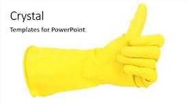  Presentation with rubber - Slide deck consisting of rubber glove on hand isolated on white background and a white colored foreground