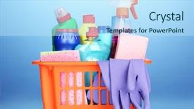  Presentation with cleaning - Cool new slides with bleach chemicals - basket with cleaning items backdrop and a sky blue colored foreground