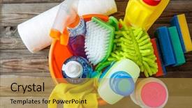  Presentation with plastic - Theme with plastic bucket with cleaning supplies background and a gold colored foreground