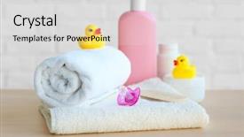  Presentation with hygiene - Theme having pink white rubber ducks - set of baby accessories background and a light gray colored foreground