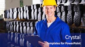  Presentation with warehouse - Presentation theme with rubber shoes - gum boots factory warehouse worker background and a navy blue colored foreground