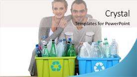  Presentation with recycle glass waste for recycling - PPT theme consisting of rubbish bin - enthusiastic couple recycling background and a light gray colored foreground