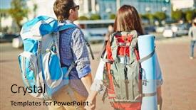  Presentation with speed walking - Slide set enhanced with rucksacks walking down unknown city background and a  colored foreground