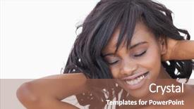  Presentation with real woman hair texture human - PPT layouts consisting of ruffle - woman ruffling her hair smiling background and a violet colored foreground