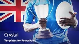  Presentation with trophy award hand holding - PPT theme featuring rugby ball against new zealand background and a  colored foreground