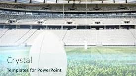  Presentation with goal ball - Cool new PPT theme with rugby ball on the pitch against rugby goal post on a sunny day in the stadium backdrop and a cool aqua colored foreground