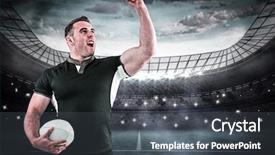  Presentation with football blue - Presentation design enhanced with rugby player cheering background and a dark gray colored foreground