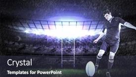 Presentation with drop - Cool new slide deck with rugby player doing a drop kick against rugby stadium backdrop and a tawny brown colored foreground