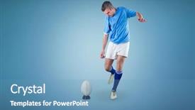  Presentation with drop - Audience pleasing slide set consisting of rugby player doing a drop kick against blue background backdrop and a teal colored foreground